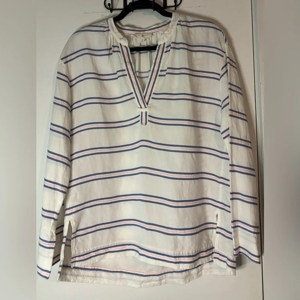 Lou & Grey Womens V-neck, pop over, striped, Linen and Lyocell blouse Size Small